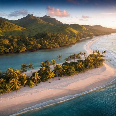 The primary subject of the image is a beautiful tropical island with a sandy beach and palm trees. The setting is a serene beach with a calm ocean in the background. The visual style is a photo, capturing the natural beauty of the island. The colors and mood are warm and inviting, with the sun shining on the beach and the palm trees swaying in the gentle breeze.